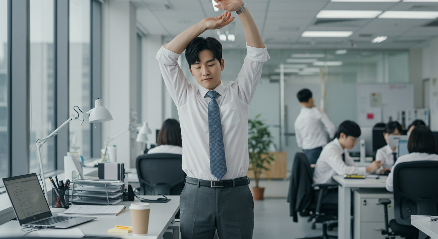 사무실에서 스마트폰 알림을 받고 스트레칭하는 직장인의 모습