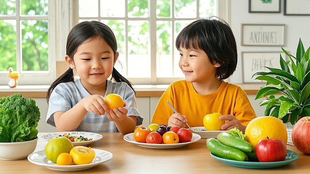 과일과 채소를 먹는 아이, 균형 잡힌 식단