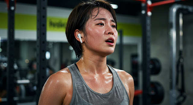 헬스장에서 스프린트 인터벌 트레이닝 후 숨을 고르며 땀에 젖은 운동 중 여성
