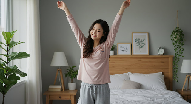 웃음과 수면 후 활력을 되찾은 여성 – 긍정적인 하루의 시작