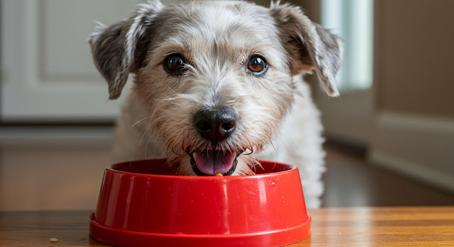 senior dog eating red bowl-1