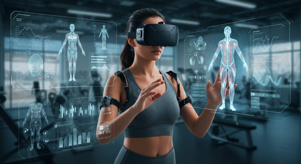 가상현실 다이어트 효과 있을까? VR 비만 치료 실험 분석 가상현실 장비를 착용하고 아바타와 신체 정보를 시각화하며 다이어트 훈련을 진행하는 여성