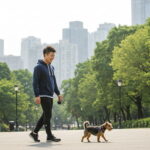 도시 공원에서 반려견과 산책 중인 청년 남성의 모습 – 정서적 안정과 사회적 관계 형성의 상징