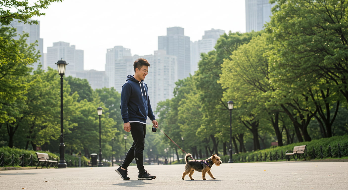 도시 공원에서 반려견과 산책 중인 청년 남성의 모습 – 정서적 안정과 사회적 관계 형성의 상징